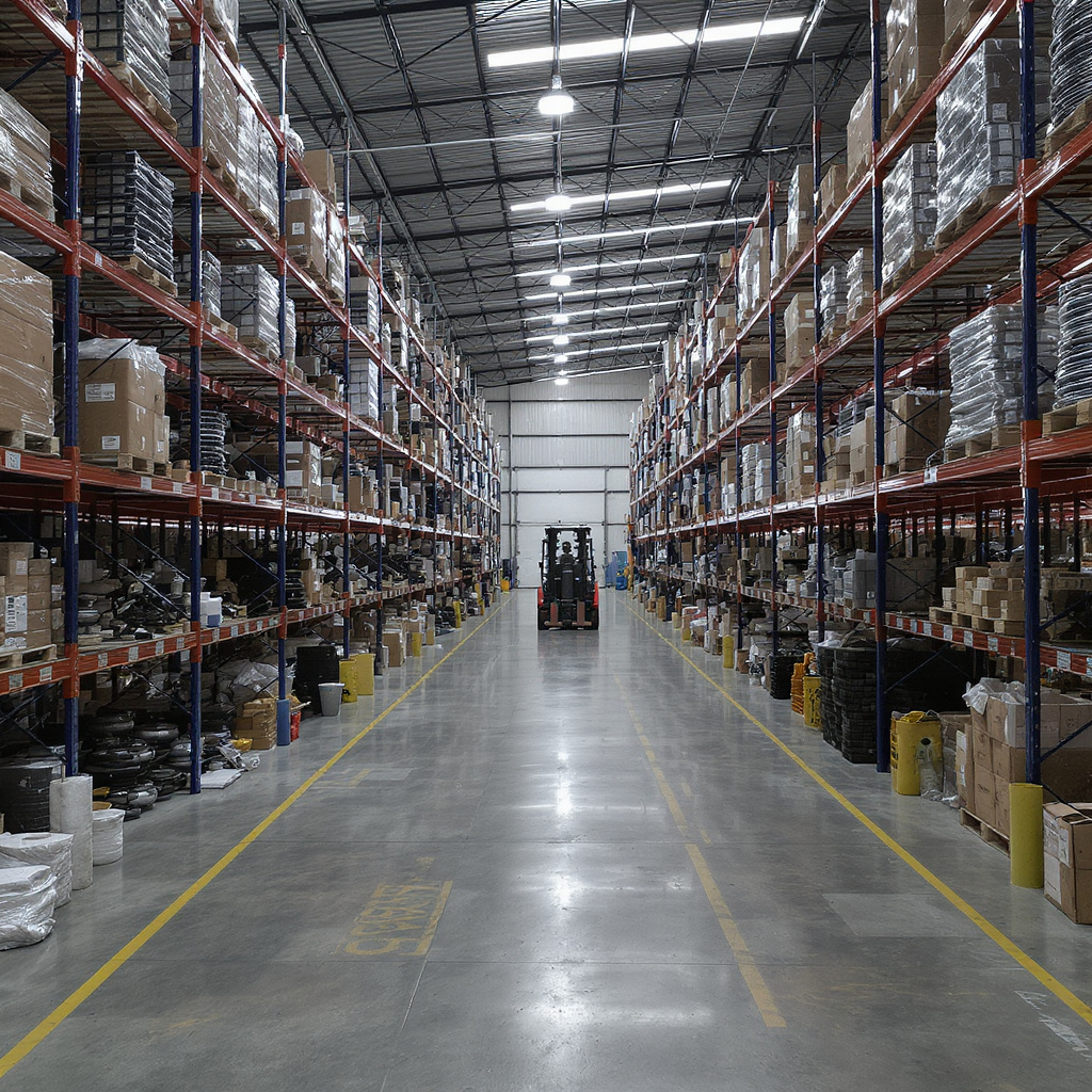 Fortera operator walking a stocked warehouse aisle
